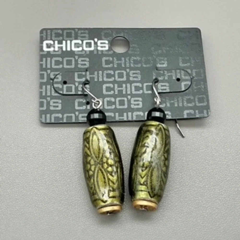 Chico's Earrings Women Green Gold‎ Tone Etched Barrel Bead Dangle 1.5 Inch